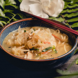 Švelnaus skonio vištienos sriuba su baltaisiais kiniškais grybais ir makaronais